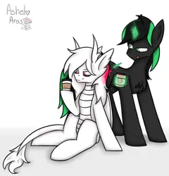 Size: 3275x3412 | Tagged: safe, artist:ashel_aras, derpibooru import, oc, oc:canvice, oc:jeluci, unofficial characters only, hybrid, pony, unicorn, coffee, commission, duo, hybrid oc, image, magic, paint, paintbrush, png, romance, scar, simple background, white background
