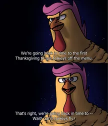 Size: 2479x2870 | Tagged: safe, artist:yuuwa, derpibooru import, scootaloo, bird, turkey, breaking the fourth wall, commission, commissioner:zcord, description is relevant, explaining the joke, free birds, holiday, image, jpeg, meme, reality ensues, scootachicken, scootaturkey, shadow, thanksgiving, the more you know