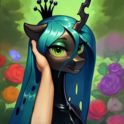 Size: 984x984 | Tagged: suggestive, ai content, derpibooru import, machine learning generated, stable diffusion, queen chrysalis, changeling, changeling queen, human, bust, female, flower, garden, generator:purplesmart.ai, hand, image, jpeg, latex, latex suit, looking at you, petting, smiling