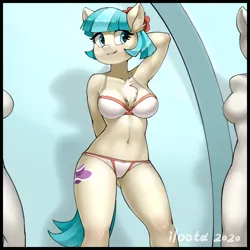 Size: 4500x4500 | Tagged: suggestive, artist:iloota, derpibooru import, coco pommel, anthro, earth pony, pony, adorasexy, arm behind head, armpits, belly button, bra, breasts, chest fluff, cleavage fluff, clothes, cute, female, frilly underwear, image, mare, panties, png, ribbon, sexy, smiling, solo, solo female, stupid sexy coco pommel, underwear, white underwear