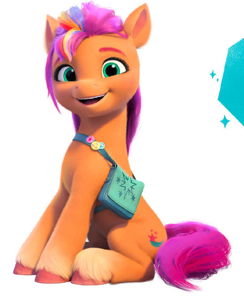 Size: 605x734 | Tagged: safe, derpibooru import, official, sunny starscout, earth pony, g5, my little pony: make your mark, 3d, badge, bag, cute, image, jpeg, looking at you, multicolored hair, rainbow hair, sitting, smiling, smiling at you, sunnybetes