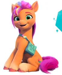 Size: 605x734 | Tagged: safe, derpibooru import, official, sunny starscout, earth pony, g5, my little pony: make your mark, 3d, badge, bag, cute, image, jpeg, looking at you, multicolored hair, rainbow hair, sitting, smiling, smiling at you, sunnybetes