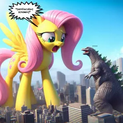 Size: 1400x1400 | Tagged: safe, ai content, derpibooru import, editor:giantpony, machine learning assisted, machine learning generated, fluttershy, kaiju, pegasus, pony, crossover, female, g4, generator:bing image creator, giant pony, giantess, giantshy, godzilla, godzilla (series), image, jpeg, larger female, macro, macro/micro, male, phraseit, scared, shocked, shocked expression, size difference, smaller male, terrified