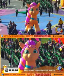 Size: 1182x1395 | Tagged: safe, derpibooru import, official, screencap, sunny starscout, earth pony, g5, 2023, bag, balloon, cute, floating, holiday, image, jpeg, looking at you, parade, parade balloon, photo, sunnybetes, thanksgiving, united states