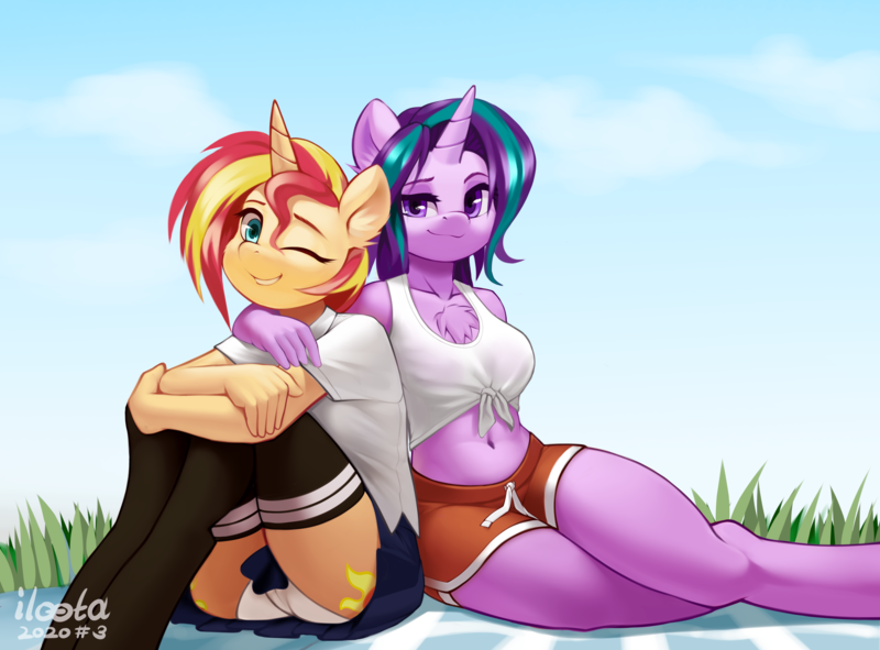 Size: 5750x4250 | Tagged: questionable, artist:iloota, derpibooru import, starlight glimmer, sunset shimmer, anthro, pony, unicorn, adorasexy, alternate hairstyle, beautiful, beautisexy, belly, belly button, breasts, cameltoe, chest fluff, cleavage fluff, clothes, cloud, crossed legs, cute, cutie mark, duo, duo female, eyebrows, female, front knot midriff, glimmerbetes, gym shorts, happy, hug, image, japanese school uniform, lesbian, lidded eyes, looking at you, mare, midriff, miniskirt, multicolored mane, one eye closed, outdoors, panties, patreon, patreon logo, png, purple eyes, raised eyebrow, reasonably sized breasts, school uniform, sexy, shimmerbetes, ship:shimmerglimmer, shipping, short mane, shorts, side slit, sitting, skirt, sky, smiling, smiling at you, smug, socks, tanktop, thigh highs, thighs, tied tanktop, tomboy, underwear, upskirt, wall of tags, white underwear, wink, winking at you, yellow fur, zettai ryouiki