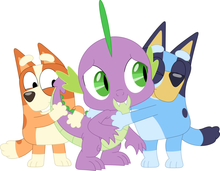 Size: 3563x2774 | Tagged: safe, artist:porygon2z, derpibooru import, spike, dragon, australian cattle dog, bingo heeler, bluey, bluey heeler, cute, female, hug, image, male, png, simple background, spikabetes, transparent background, trio, vector