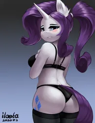 Size: 3500x4500 | Tagged: suggestive, artist:iloota, derpibooru import, rarity, anthro, pony, unicorn, alternate hairstyle, anatomically incorrect, ass, beautiful, beautisexy, black bra, black panties, black underwear, blushing, bra, breasts, butt, cheeky panties, clothes, ear fluff, female, frilly underwear, gradient background, image, lingerie, looking at you, looking back, looking back at you, mare, panties, png, ponytail, rear view, rearity, sexy, shoulder fluff, simple background, socks, solo, solo female, stockings, tail, thigh highs, underwear, waist tail