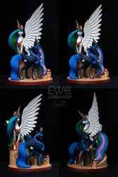 Size: 3199x4799 | Tagged: safe, artist:ewc workshop, artist:sunny way, derpibooru import, princess celestia, princess luna, alicorn, pony, 3d print, artwork, black background, craft, crown, feather, female, figurine, hoof shoes, horn, image, irl, jewelry, large wings, long horn, long mane, long tail, mare, muscles, one wing out, painting, peytral, photo, png, princess, princess shoes, regalia, sculpture, simple background, slim, spread wings, stairs, statue, sternocleidomastoid, tail, thin, wings