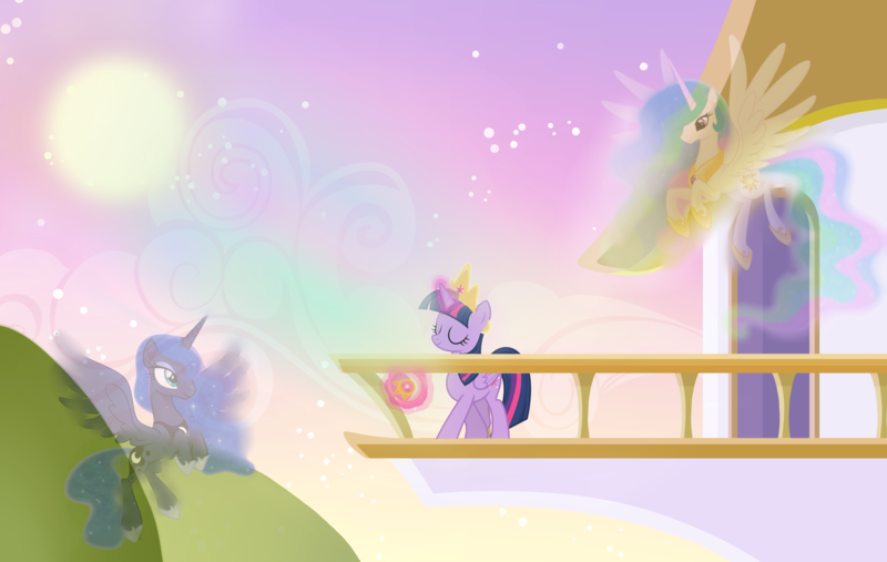 Size: 4000x2537 | Tagged: safe, artist:bugoythebrony, derpibooru import, princess celestia, princess luna, twilight sparkle, twilight sparkle (alicorn), alicorn, pony, balcony, big crown thingy 2.0, canterlot castle, cloud, concave belly, crown, dawn, ethereal mane, ethereal tail, eyes closed, flying, folded wings, glow, glowing horn, height difference, high res, hoof shoes, horn, image, jewelry, levitation, long horn, long mane, long tail, magic, outdoors, peytral, physique difference, png, princess shoes, raising the sun, regalia, slim, smiling, spread wings, starry mane, starry tail, sun, sunrise, tail, telekinesis, thin, trio, wings