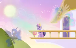 Size: 4000x2537 | Tagged: safe, artist:bugoythebrony, derpibooru import, princess celestia, princess luna, twilight sparkle, twilight sparkle (alicorn), alicorn, pony, balcony, big crown thingy 2.0, canterlot castle, cloud, concave belly, crown, dawn, ethereal mane, ethereal tail, eyes closed, flying, folded wings, glow, glowing horn, height difference, high res, hoof shoes, horn, image, jewelry, levitation, long horn, long mane, long tail, magic, outdoors, peytral, physique difference, png, princess shoes, raising the sun, regalia, slim, smiling, spread wings, starry mane, starry tail, sun, sunrise, tail, telekinesis, thin, trio, wings