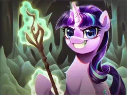 Size: 1024x768 | Tagged: safe, ai content, derpibooru import, machine learning generated, stable diffusion, starlight glimmer, pony, unicorn, cave, derpibooru exclusive, evil grin, female, g4, generator:pony diffusion v6 xl, generator:purplesmart.ai, grin, image, jpeg, looking at you, magic, mare, prompter:siber, s5 starlight, smiling, solo, staff