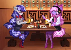 Size: 2903x2047 | Tagged: safe, artist:airiniblock, derpibooru import, oc, oc:cinnabyte, oc:lillybit, unofficial characters only, anthro, earth pony, anthro oc, bow, cinnabetes, clothes, cute, date, female, food, glasses, headphones, headset, image, lesbian, png, rcf community, restaurant, scarf, socks, sushi