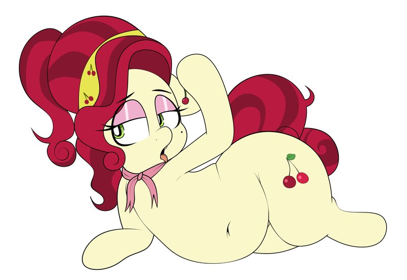Size: 2822x1944 | Tagged: safe, artist:blitzyflair, derpibooru import, cherry jubilee, earth pony, pony, bedroom eyes, belly button, cherry, clothes, female, food, image, jpeg, mare, open mouth, simple background, solo, wide hips