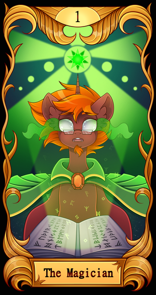 Size: 2500x4710 | Tagged: safe, artist:madelinne, derpibooru import, oc, unofficial characters only, unicorn, book, clothes, horn, image, light, magic book, png, runes, solo, stars, tarot, tarot card, tarot cards by madelinne, unicorn oc