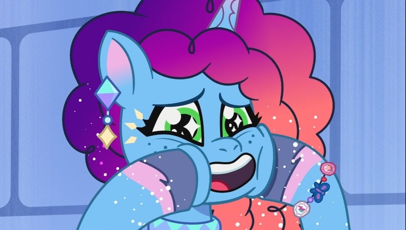 Size: 1270x720 | Tagged: safe, derpibooru import, screencap, pony, unicorn, g5, my little pony: tell your tale, spoiler:g5, spoiler:my little pony: tell your tale, spoiler:tyts01e68, bracelet, coat markings, crystal ball (episode), cute, ear piercing, earring, female, freckles, friendship bracelet, image, jewelry, jpeg, mare, misty brightdawn, mistybetes, open mouth, open smile, piercing, rebirth misty, shine, smiling, socks (coat marking), solo, sparkly eyes, sparkly mane, squishy cheeks, wingding eyes