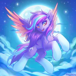 Size: 2000x2000 | Tagged: safe, artist:adagiostring, derpibooru import, oc, unofficial characters only, fly, insect, pegasus, pony, cloud, cloudy, commission, cute, digital art, female, flying, full body, full moon, image, looking at you, mare, moon, night, pegasus oc, png, sky, solo, stars, wings