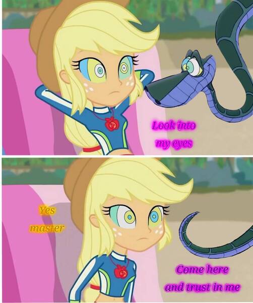 Size: 1133x1355 | Tagged: safe, artist:hypnotic37, derpibooru import, edit, edited screencap, screencap, applejack, human, snake, equestria girls, beach, duo, female, humanized, hypno eyes, hypnojack, hypnosis, hypnotized, image, jpeg, kaa, kaa eyes, looking at each other, looking at someone, male, master