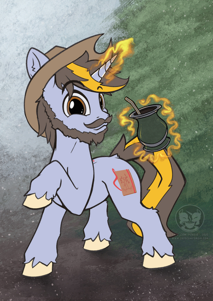 Size: 724x1023 | Tagged: safe, artist:calena, derpibooru import, oc, oc:yerba mate, unofficial characters only, pony, unicorn, chimarrão, colored, cowboy hat, cute, cutie mark, facial hair, flat colors, gourd, hat, horn, image, jpeg, looking at you, magic, male, moustache, raised hoof