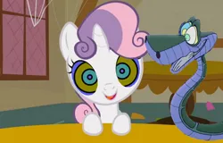 Size: 1280x819 | Tagged: safe, artist:marybethemberjoy49-1, derpibooru import, edit, edited screencap, screencap, sweetie belle, pony, snake, unicorn, call of the cutie, duo, female, filly, foal, hypno eyes, hypnosis, hypnotized, image, kaa, kaa eyes, male, open mouth, open smile, png, smiling