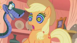 Size: 1280x720 | Tagged: safe, artist:marybethemberjoy49-1, derpibooru import, edit, edited screencap, screencap, applejack, earth pony, pony, snake, look before you sleep, applejack's hat, cowboy hat, female, golden oaks library, hat, hypno eyes, hypnojack, hypnosis, hypnotized, image, kaa, kaa eyes, library, male, mare, open mouth, png