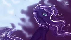 Size: 1920x1080 | Tagged: safe, artist:lesque, derpibooru import, nightmare rarity, pony, unicorn, blue eyes, concave belly, curly hair, curly mane, depressed, digital art, ethereal mane, ethereal tail, eyeshadow, female, flowing mane, flowing tail, g4, gift art, horn, image, lonely, long horn, long mane, long tail, looking at you, makeup, mare, png, purple mane, purple tail, sad, signature, sitting, slim, solo, tail, thin, wind, windswept mane, windswept tail