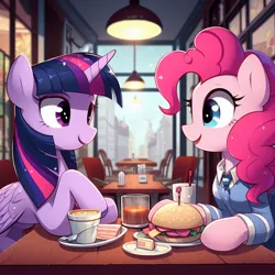 Size: 1024x1024 | Tagged: safe, ai content, derpibooru import, machine learning generated, pinkie pie, twilight sparkle, alicorn, earth pony, pony, cafe, clothes, duo, female, food, generator:bing image creator, image, jpeg, looking at each other, looking at someone, mare, sandwich, smiling