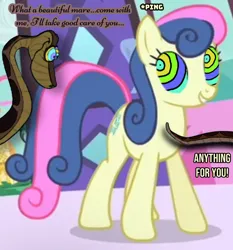 Size: 1106x1188 | Tagged: safe, artist:stopthedab10, derpibooru import, edit, edited screencap, screencap, bon bon, sweetie drops, earth pony, pony, snake, green isn't your color, carousel boutique, duo, female, grin, hypno eyes, hypnosis, hypnotized, image, jpeg, kaa, kaa eyes, male, mare, smiling, story included