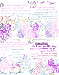 Size: 4779x6013 | Tagged: safe, artist:adorkabletwilightandfriends, derpibooru import, lily, lily valley, princess cadance, princess flurry heart, shining armor, spike, starlight glimmer, twilight sparkle, twilight sparkle (alicorn), alicorn, pony, comic:adorkable twilight and friends, adorkable, adorkable twilight, bowl, car, comic, confused, cute, dork, driving, family, female, filly, foal, holiday, image, leftovers, love, magic, mess, night, png, slice of life, surprised, sweat, thanksgiving, tired