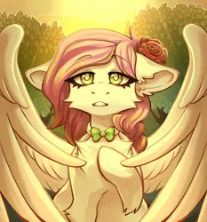 Size: 1150x1235 | Tagged: safe, artist:faract, derpibooru import, oc, oc:ellie berryheart, unofficial characters only, pegasus, pony, black eyeshadow, bowtie, ear fluff, evening, eyeshadow, female, flower, flower in hair, fluffy, forest, g4, green eyes, image, lightning, long eyelashes, looking at you, makeup, nature, png, solo, sun, tree, wings