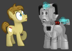 Size: 2869x2035 | Tagged: safe, artist:tidmouthmilk12, derpibooru import, oc, oc:tidmouth milk, ponified, cyberman, earth pony, pony, blaster, doctor who, image, laser rifle, magic, png, shocked, simple background, telekinesis, wip