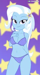 Size: 4252x7866 | Tagged: suggestive, artist:alandssparkle, derpibooru import, trixie, human, equestria girls, belly button, blurry background, bra, breasts, busty trixie, cameltoe, clothes, derpibooru exclusive, e-cup bra, female, hand on chest, image, looking at you, panties, png, simple background, solo, solo female, starry underwear, underwear