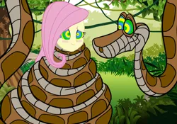 Size: 1280x896 | Tagged: safe, artist:a-new-recipeh, derpibooru import, fluttershy, human, snake, equestria girls, blushing, coils, cute, duo, female, forest, humanized, hypno eyes, hypnoshy, hypnosis, hypnotized, image, jpeg, jungle, kaa, kaa eyes, male, nature, shyabetes, smiling, tree, wrapped up