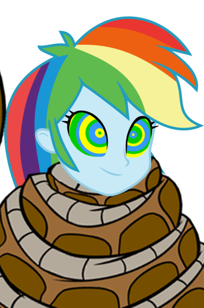 Size: 728x1097 | Tagged: safe, artist:a-new-recipeh, derpibooru import, rainbow dash, human, snake, equestria girls, coils, female, humanized, hypno dash, hypno eyes, hypnosis, hypnotized, image, kaa, kaa eyes, png, smiling, wrapped up