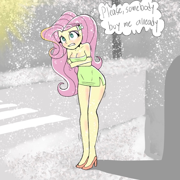 Size: 2048x2048 | Tagged: suggestive, artist:stammis, derpibooru import, fluttershy, human, equestria girls, bare shoulders, breasts, busty fluttershy, cleavage, clothes, cold, dress, female, g4, gritted teeth, high heels, high res, holding arms, image, jpeg, prostitute, shivering, shoes, short dress, snow, snowfall, solo, solo female, street corner, teeth, thought bubble