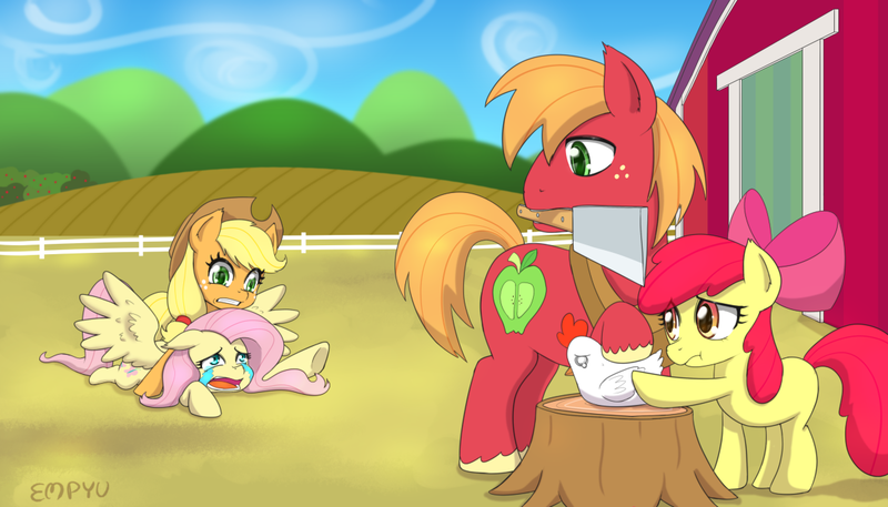 Size: 1200x686 | Tagged: safe, artist:empyu, derpibooru import, apple bloom, applejack, big macintosh, fluttershy, bird, chicken, earth pony, pegasus, pony, :t, cleaver, crying, g4, gritted teeth, holiday, image, implied ponies eating meat, meat, mouth hold, pinned, png, remake, spread wings, teeth, thanksgiving, wings