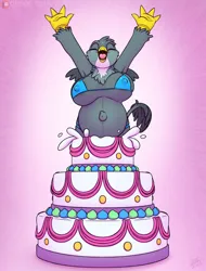 Size: 1520x2000 | Tagged: suggestive, artist:drxii, gabby, anthro, gryphon, arms in the air, beak, belly, belly button, big belly, big breasts, bikini, birthday cake, bouncing, bouncing breasts, breasts, bursting out of a cake, busty gabby, cake, clothes, dessert, erect nipples, female, food, happy, image, jpeg, nipple outline, open beak, open mouth, open smile, pop out cake, pregnant, solo, swimsuit