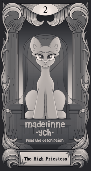 Size: 2500x4710 | Tagged: safe, artist:madelinne, derpibooru import, black and white, column, commission, grayscale, image, monochrome, png, sketch, solo, tarot, tarot card, throne, your character here