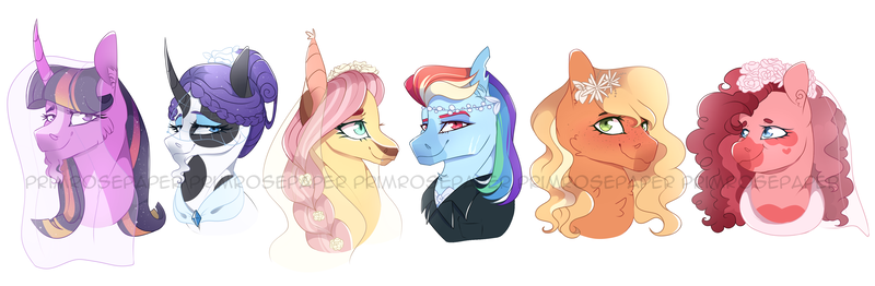 Size: 4256x1394 | Tagged: safe, artist:primrosepaper, derpibooru import, applejack, fluttershy, pinkie pie, rainbow dash, rarity, twilight sparkle, twilight sparkle (alicorn), alicorn, earth pony, pegasus, pony, unicorn, alternate design, bowtie, bust, clothes, coat markings, facial hair, female, flower, flower in hair, goatee, image, lesbian, lidded eyes, mane six, mare, omniship, png, polyamory, shipping, simple background, smiling, suit, twitterina design, wedding veil, white background