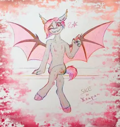 Size: 2040x2160 | Tagged: safe, artist:jehr, derpibooru import, oc, oc:sofy, unofficial characters only, anthro, bat pony, cat, cat pony, hybrid, original species, pegasus, pony, unguligrade anthro, anthro oc, bat ears, bat eyes, bat pony oc, bat wings, chilli, claws, food, hand, image, looking at you, one eye closed, paws, png, sitting, smiling, smiling at you, solo, spread wings, trade, traditional art, wings, wink, winking at you