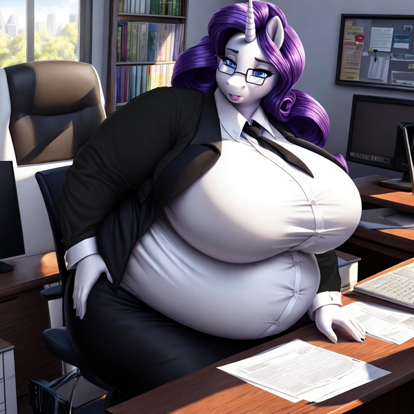 Size: 1024x1024 | Tagged: safe, ai content, derpibooru import, machine learning generated, stable diffusion, rarity, anthro, unicorn, belly, big belly, big breasts, breasts, business suit, busty rarity, button-up shirt, clothes, derpibooru exclusive, fat, g4, glasses, huge breasts, image, necktie, office, png, prompter:professordoctorc, raritubby, shirt, tight clothing