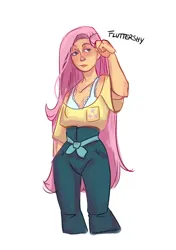 Size: 2488x3533 | Tagged: safe, artist:ohmisweetgoodness, derpibooru import, fluttershy, human, bra, clothes, female, g4, humanized, image, pants, png, shirt, simple background, solo, underwear, white background
