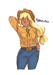 Size: 2488x3533 | Tagged: safe, artist:ohmisweetgoodness, derpibooru import, applejack, human, applejack's hat, belt, clothes, cowboy hat, denim, female, freckles, g4, grin, hat, humanized, image, jeans, pants, png, shirt, simple background, smiling, solo, white background