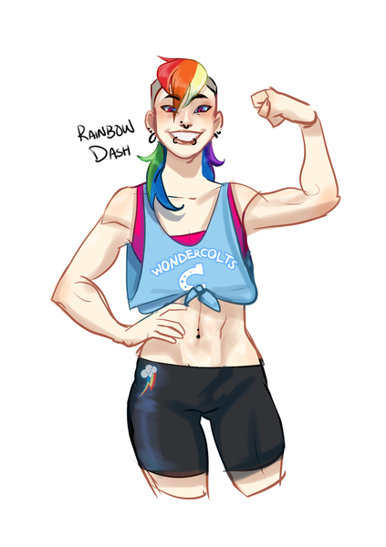 Size: 2488x3533 | Tagged: safe, artist:ohmisweetgoodness, derpibooru import, rainbow dash, human, abs, alternate hairstyle, asian, belly button, belly piercing, bellyring, clothes, ear piercing, earring, female, flexing, g4, grin, humanized, image, jewelry, lip piercing, midriff, muscles, nose piercing, piercing, png, shorts, simple background, smiling, solo, sports bra, sports shorts, tanktop, white background