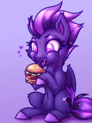 Size: 2250x3000 | Tagged: safe, artist:shad0w-galaxy, derpibooru import, oc, oc:shadow galaxy, unofficial characters only, pegasus, pony, belly button, burger, cheeseburger, chibi, cute, ear fluff, eating, fangs, female, fluffy, food, hamburger, heart, heart eyes, high res, hooves, image, mare, meat, open mouth, pegasus oc, png, ponies eating meat, simple background, sitting, solo, wingding eyes, wings