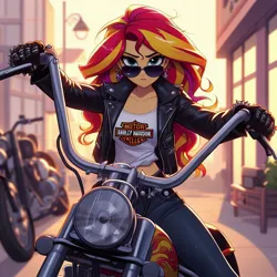 Size: 1024x1024 | Tagged: safe, ai content, derpibooru import, machine learning generated, sunset shimmer, equestria girls, biker, clothes, female, generator:bing image creator, gloves, image, jacket, jpeg, leather, leather gloves, leather jacket, looking at you, motorcycle, solo, solo female, solo focus, sunglasses