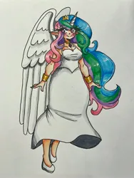 Size: 3024x4032 | Tagged: safe, artist:mylittleyuri, derpibooru import, princess celestia, human, blushing, breasts, busty princess celestia, clothes, colored pencil drawing, dress, elf ears, eye clipping through hair, eyebrows, eyebrows visible through hair, female, g4, high res, horn, horned humanization, humanized, image, jpeg, light skin, shoes, simple background, smiling, solo, traditional art, white background, winged humanization, wings
