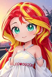 Size: 1024x1536 | Tagged: safe, ai content, derpibooru import, editor:sammykun, machine learning generated, sunset shimmer, human, anime style, bare shoulders, chibi, child, clothes, cute, dress, female, g4, humanized, image, jpeg, prompter:sammykun, shimmerbetes, sleeveless, sleeveless dress, solo, white dress, young, younger, younger female