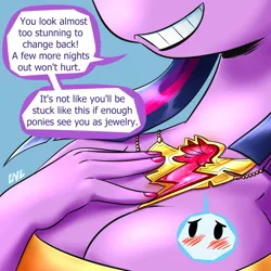Size: 1188x1188 | Tagged: suggestive, artist:lnl, derpibooru import, rainbow dash, twilight sparkle, anthro, blushing, breasts, busty twilight sparkle, cleavage, duo, duo female, element of loyalty, female, g4, grin, hand, image, inanimate tf, jewelry, nail polish, necklace, png, smiling, speech bubble, teasing, transformation