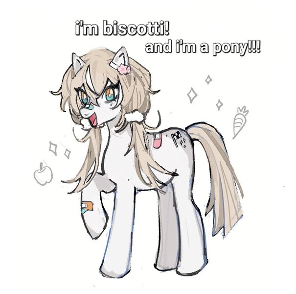 Size: 1273x1263 | Tagged: artist needed, safe, derpibooru import, ponified, pony, apple, biscotti (v4mirai), carrot, dialogue, female, food, image, jpeg, mare, vtuber