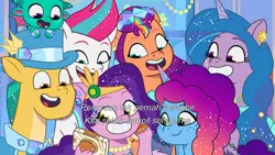 Size: 3072x1727 | Tagged: safe, derpibooru import, screencap, hitch trailblazer, izzy moonbow, pipp petals, sparky sparkeroni, sunny starscout, zipp storm, dragon, earth pony, pegasus, pony, unicorn, g5, my little pony: tell your tale, spoiler:g5, spoiler:my little pony: tell your tale, spoiler:tyts01e68, applejack (g5), baby, baby dragon, clothes, crystal ball (episode), dress, female, fluttershy (g5), grin, image, jpeg, male, mane five, mane six (g5), mare, misty brightdawn, mobile phone, open mouth, open smile, papa hitch, phone, pinkie pie (g5), rainbow dash (g5), rarity (g5), rebirth misty, royal sisters (g5), selfie, siblings, sisters, smartphone, smiling, stallion, twilight sparkle (g5)